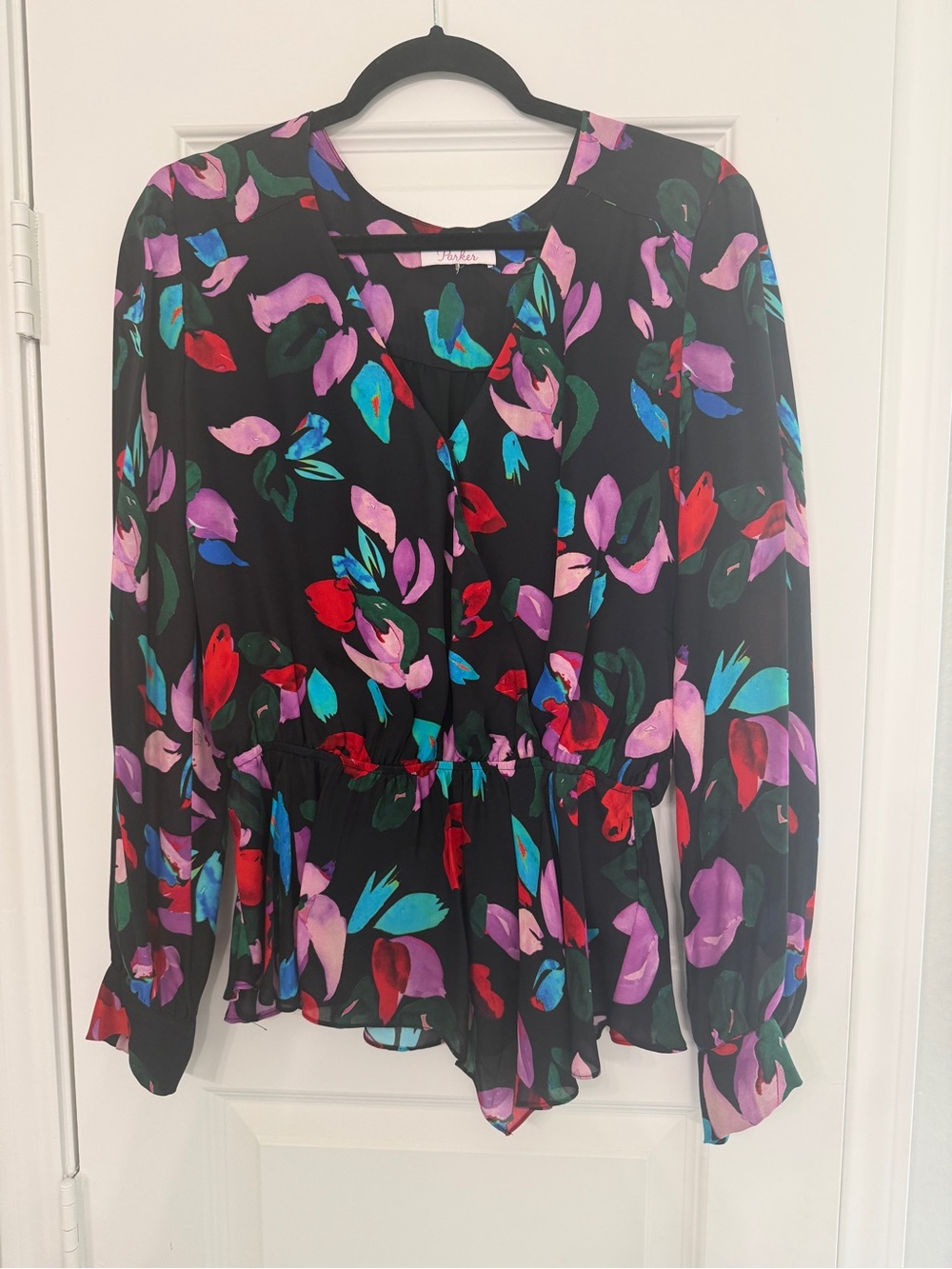 Parker Black Floral Peplum Blouse with Red, Purple & Teal Accents